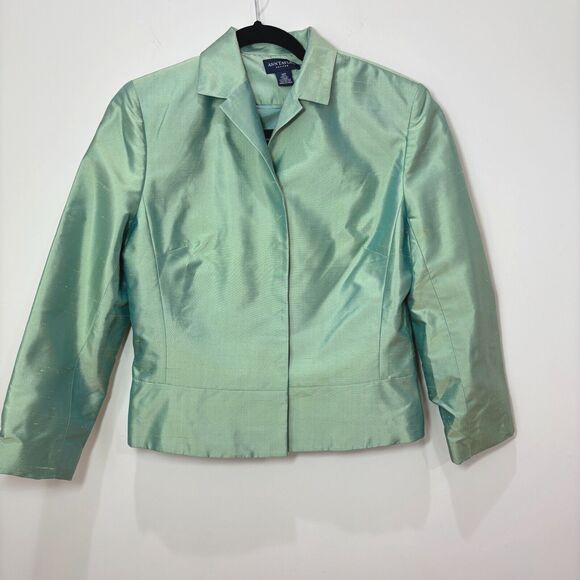 VTG Ann Taylor Iridescent Green Silk Sateen Pants Suit Womens 12P Church Easter - Picture 5 of 16